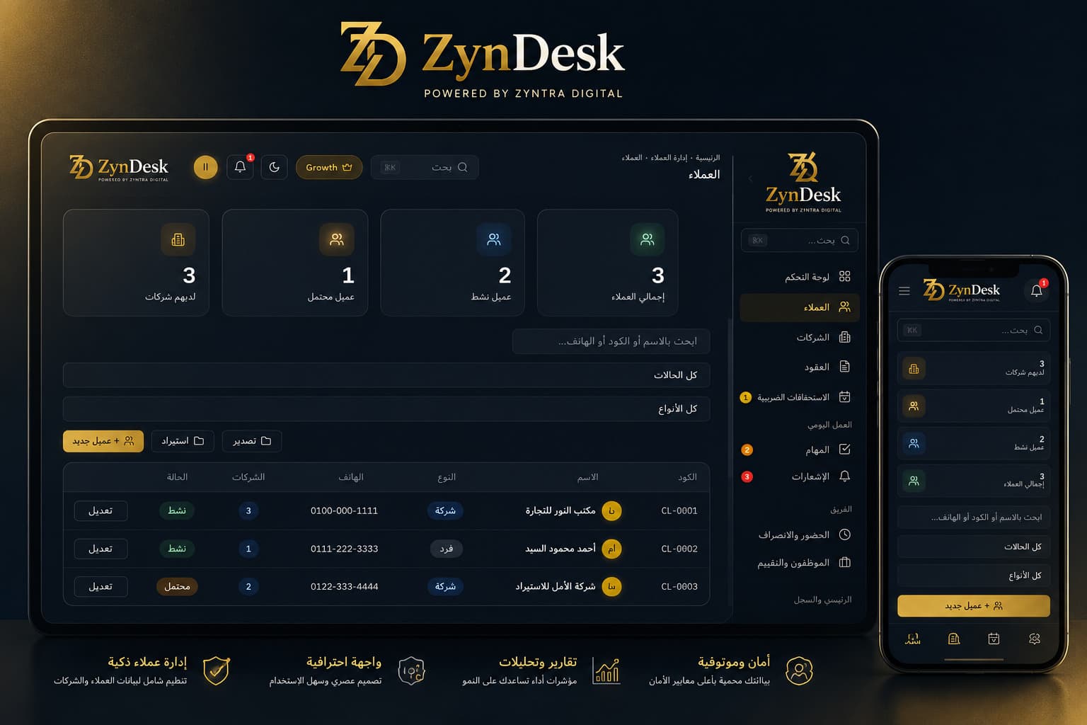 لقطة شاشة لإدارة العملاء في ZynDesk